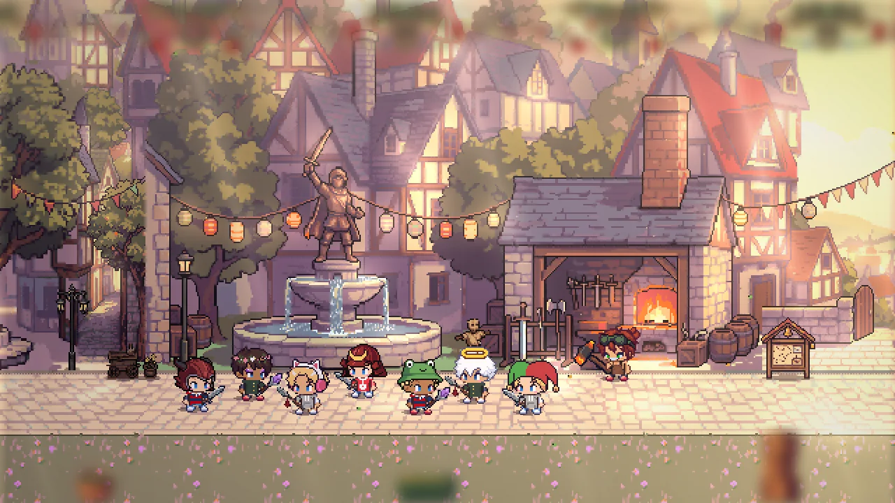 Seven dressed-up heroes line up by the fountain and the forge.